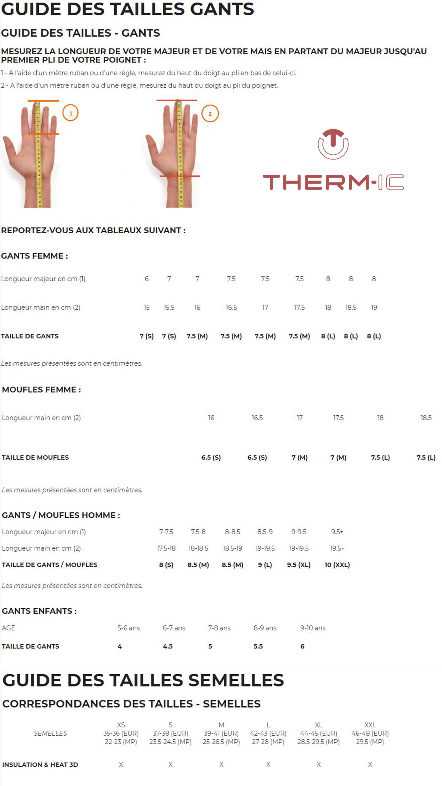 Guide des tailles gants - Therm-ic